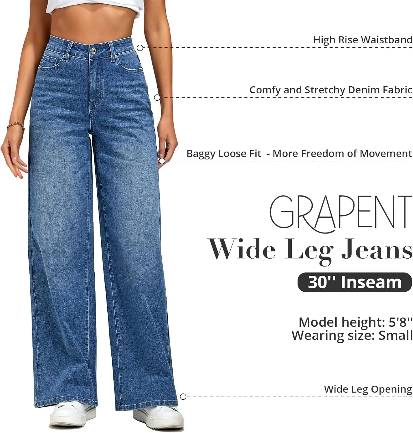 GRAPENT Wide Leg Jeans for Women Trendy High Waisted Stretchy Denim Pants 90s Baggy Jeans Trouser Jeans with Pockets