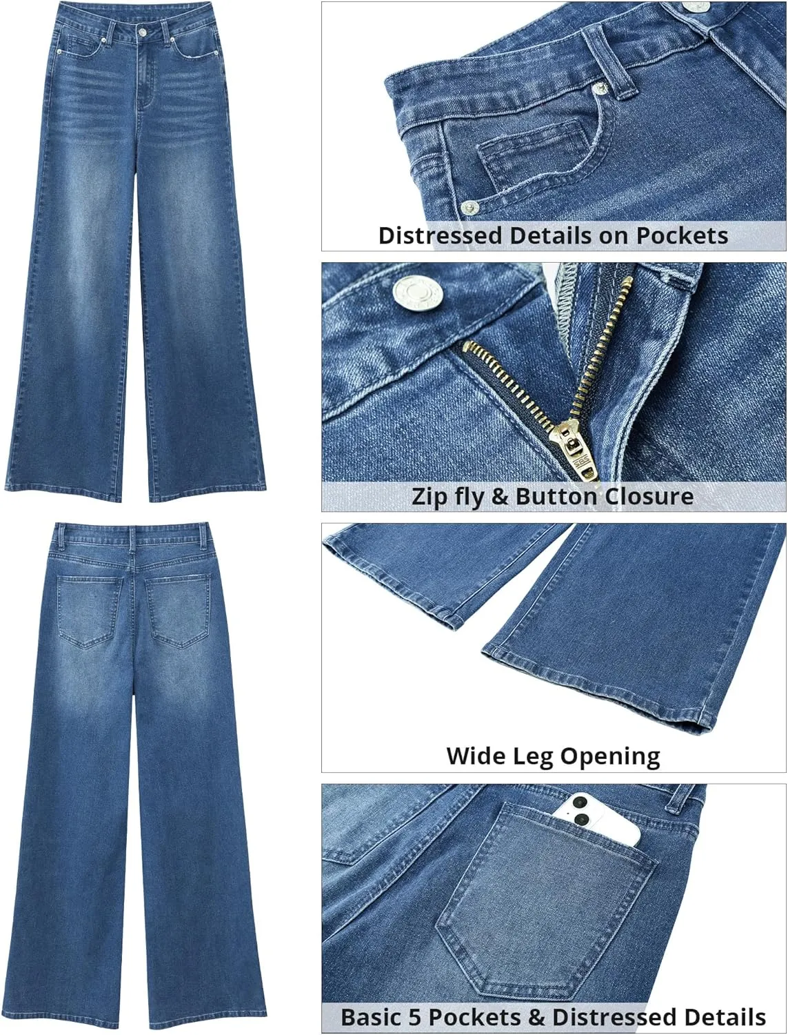 GRAPENT Wide Leg Jeans for Women Trendy High Waisted Stretchy Denim Pants 90s Baggy Jeans Trouser Jeans with Pockets