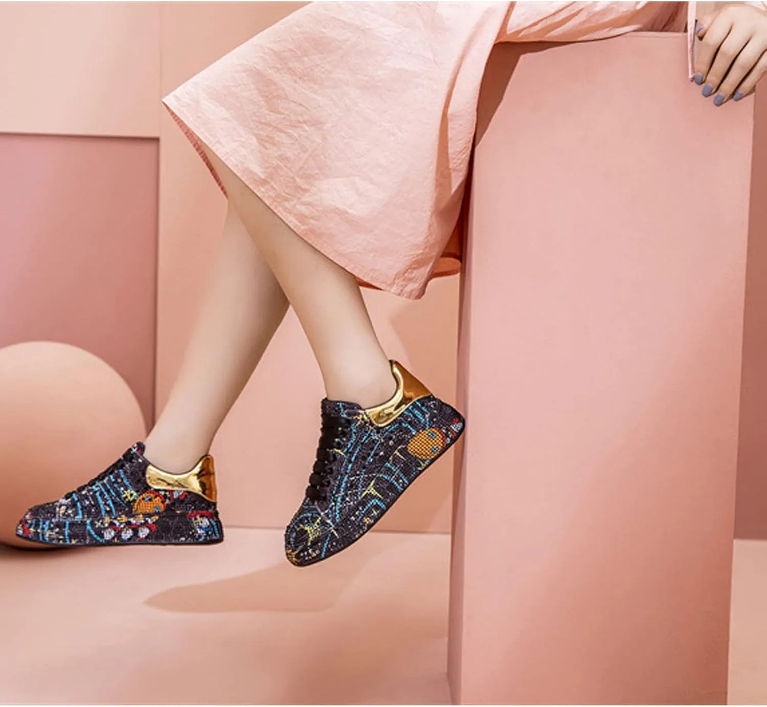 GUOANFG Crystal Sneakers Women High Fashion Sports Shoes Platform Sneakers Flats Rhinestone Shoes,Black-35 EU