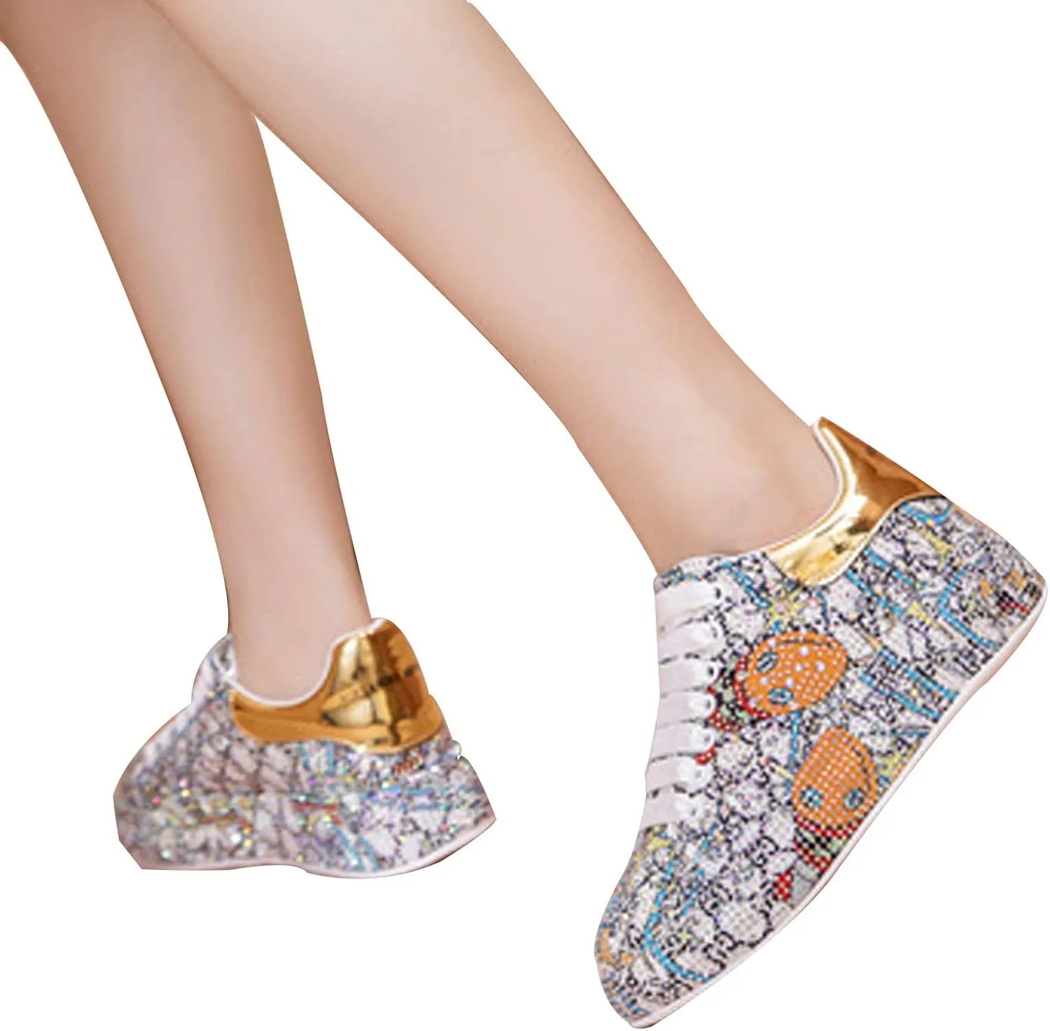 GUOANFG Women Sneakers Crystal Platform Shoes Lace Up Sneakers for Women Flat Rhinestones Casual Shoes,Silver-39 EU