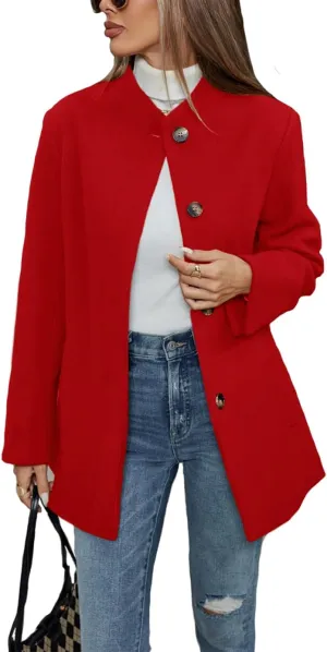 Haellun Women's Winter Placket Coat Casual Wool Blend Pea Coat Single Breasted Trench Coat Overcoat