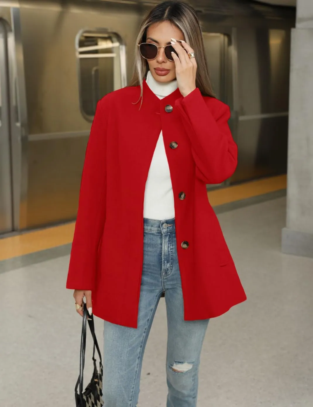 Haellun Women's Winter Placket Coat Casual Wool Blend Pea Coat Single Breasted Trench Coat Overcoat