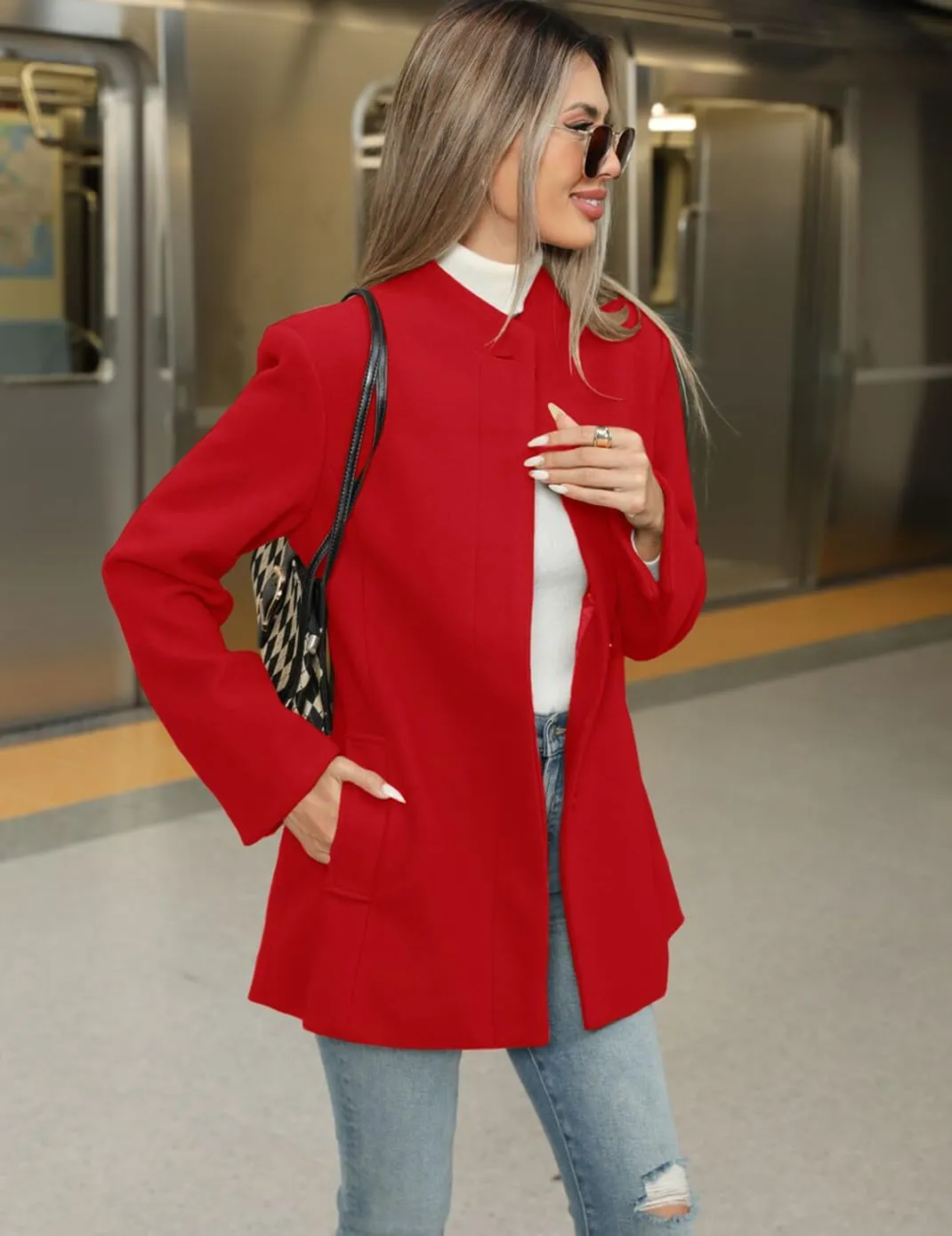 Haellun Women's Winter Placket Coat Casual Wool Blend Pea Coat Single Breasted Trench Coat Overcoat