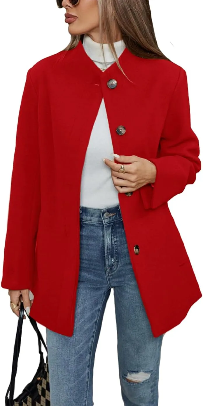 Haellun Women's Winter Placket Coat Casual Wool Blend Pea Coat Single Breasted Trench Coat Overcoat