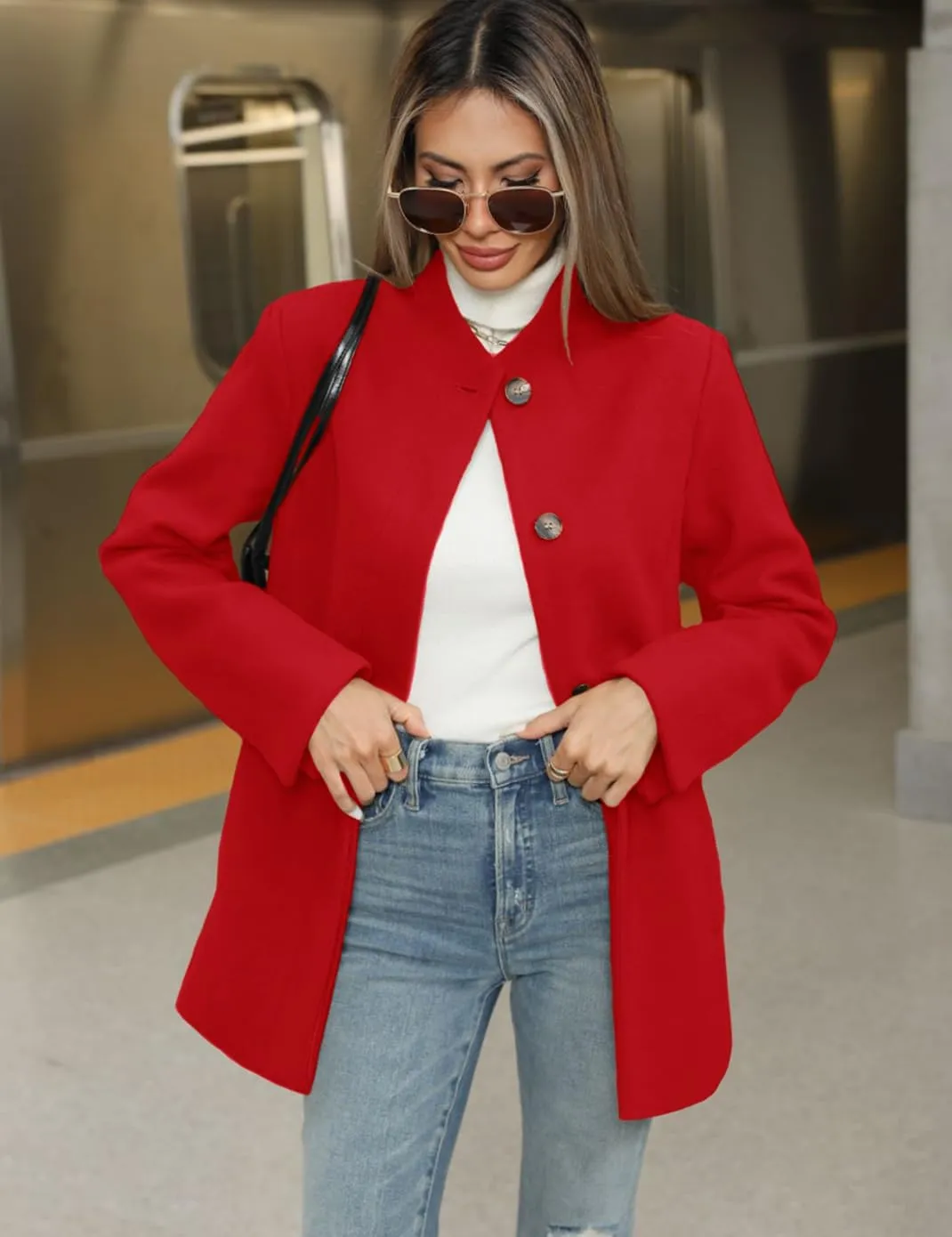 Haellun Women's Winter Placket Coat Casual Wool Blend Pea Coat Single Breasted Trench Coat Overcoat