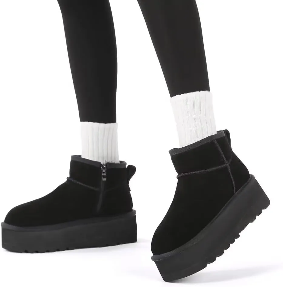 Haifago Suede Platform Mini Snow Boots for Women, Fur Lined Zip up Ankle Winter Booties, Womens Classic Short Boot, Botas Plataforma Para Mujer