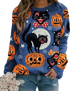 Halloween Pumpkin Sweatshirt Crewneck Pullover - Animal Cat Bat Print Casual Loose Long Sleeve Tops Shirts