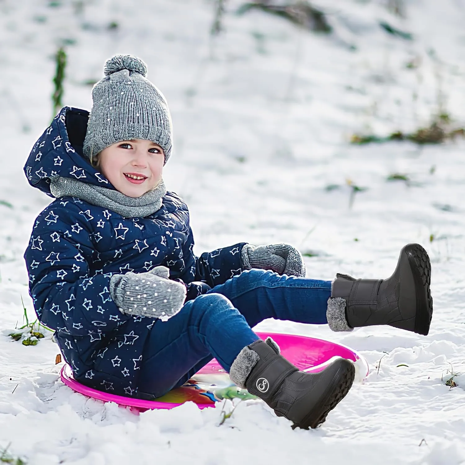 HARENCE Girls Boys Snow Boots: Comfortable Warm Fur Lined Toddler Winter Boot Hook Loop Outdoor Waterproof Slip on Boots for Kids