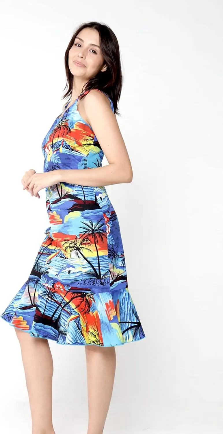 Hawaii Hangover Women's Hawaiian Mermaid Ruffle Dress Sunset and Dolphin