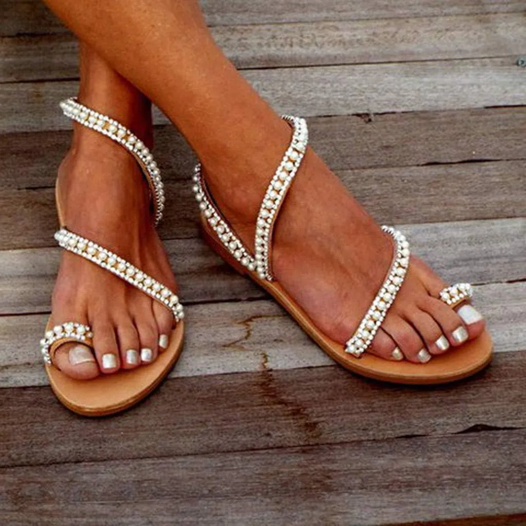 Hbeylia Boho Flat Sandals for Women,Rhinestones Pearl Design Toe Ring Jeweled Sandals Slip On Casual Beach Shoes for Wedding Bride Bridesmaid Ladies