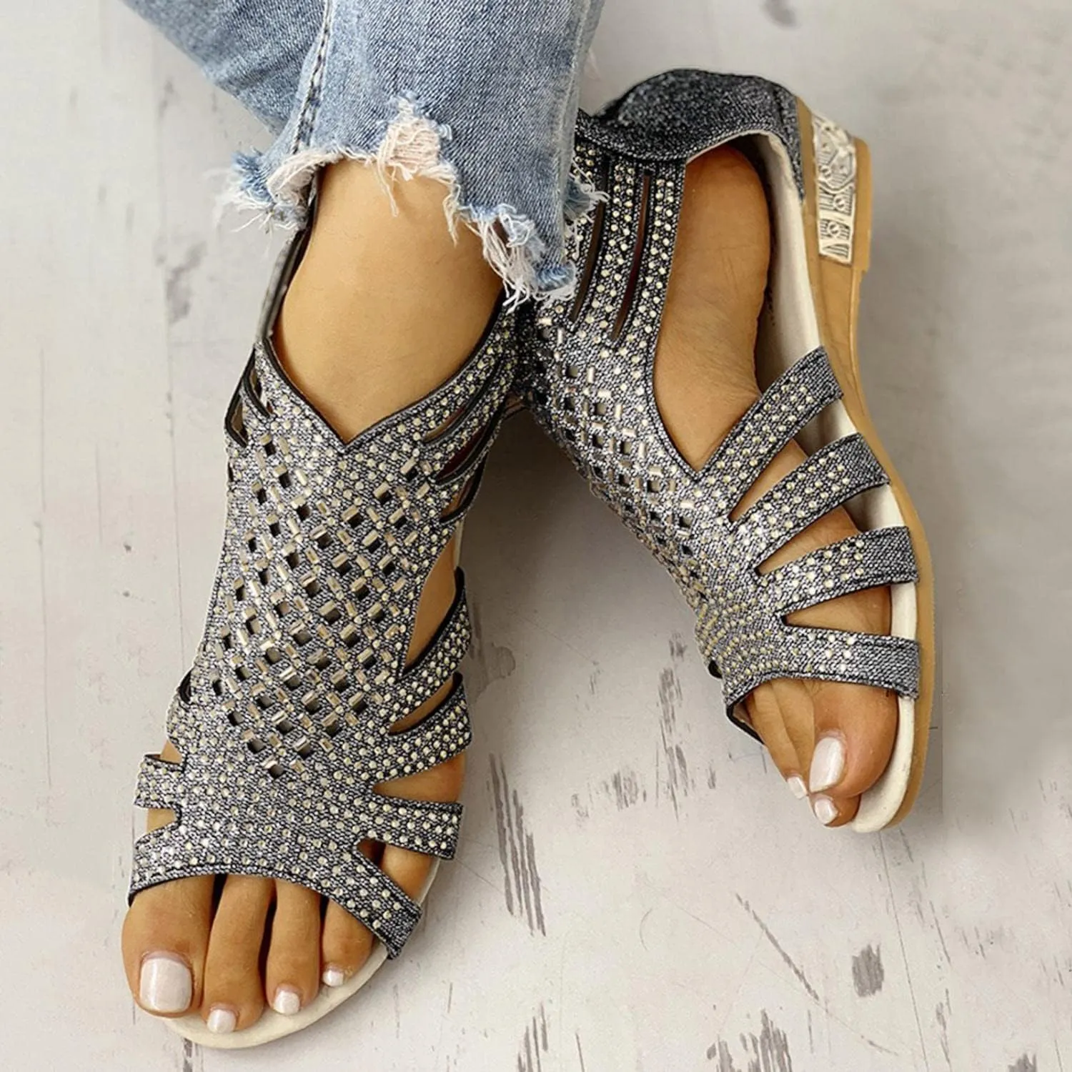 Hbeylia Flat Sandals for Women,Rhinestones Hollow Out Peep Toe Cross Strap Sandals for Womens Glitter Zipper Roman Gladiator Sandals Shoes Summer Casual Daily Sandals