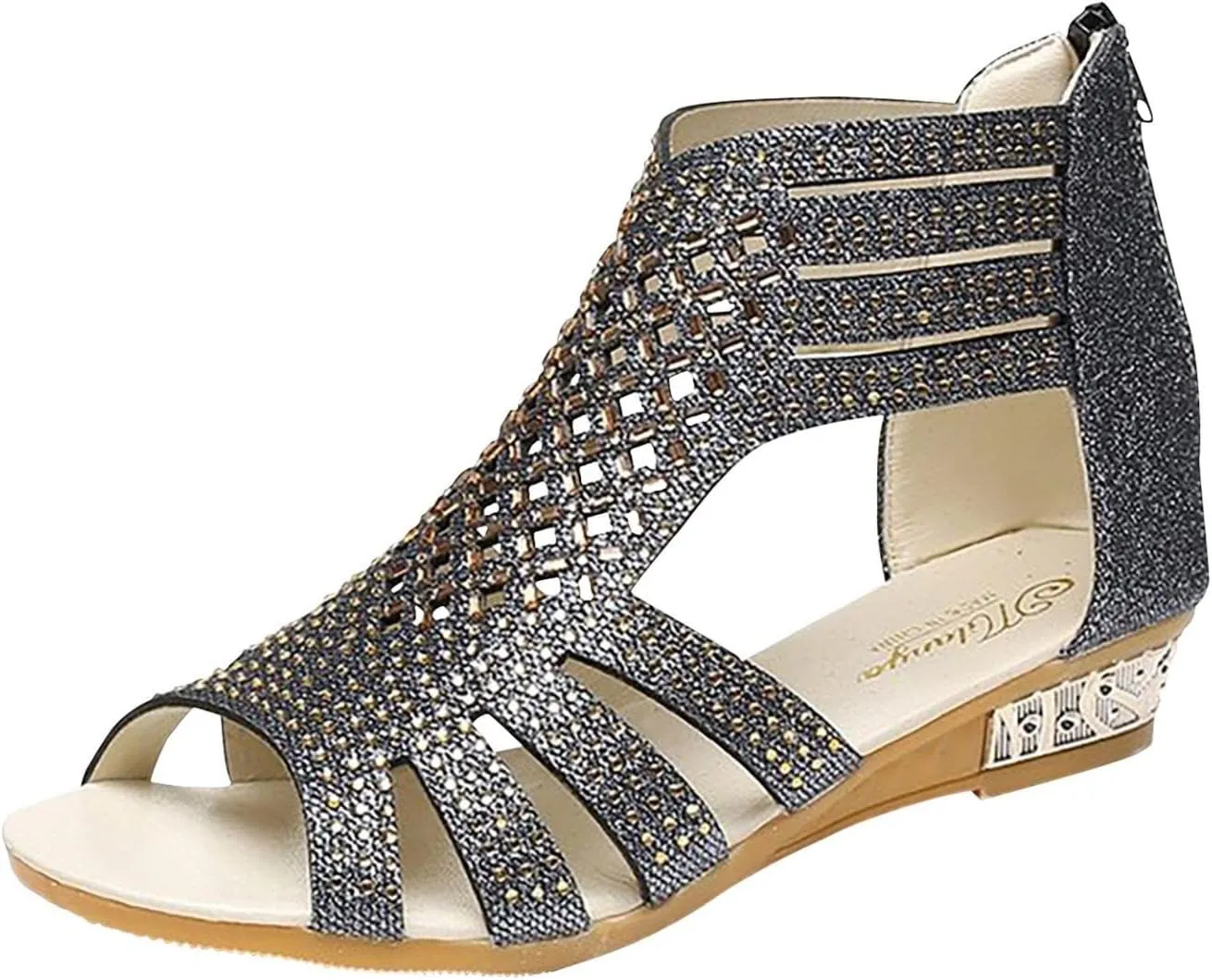 Hbeylia Flat Sandals for Women,Rhinestones Hollow Out Peep Toe Cross Strap Sandals for Womens Glitter Zipper Roman Gladiator Sandals Shoes Summer Casual Daily Sandals