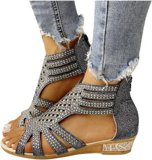 Hbeylia Flat Sandals for Women,Rhinestones Hollow Out Peep Toe Cross Strap Sandals for Womens Glitter Zipper Roman Gladiator Sandals Shoes Summer Casual Daily Sandals