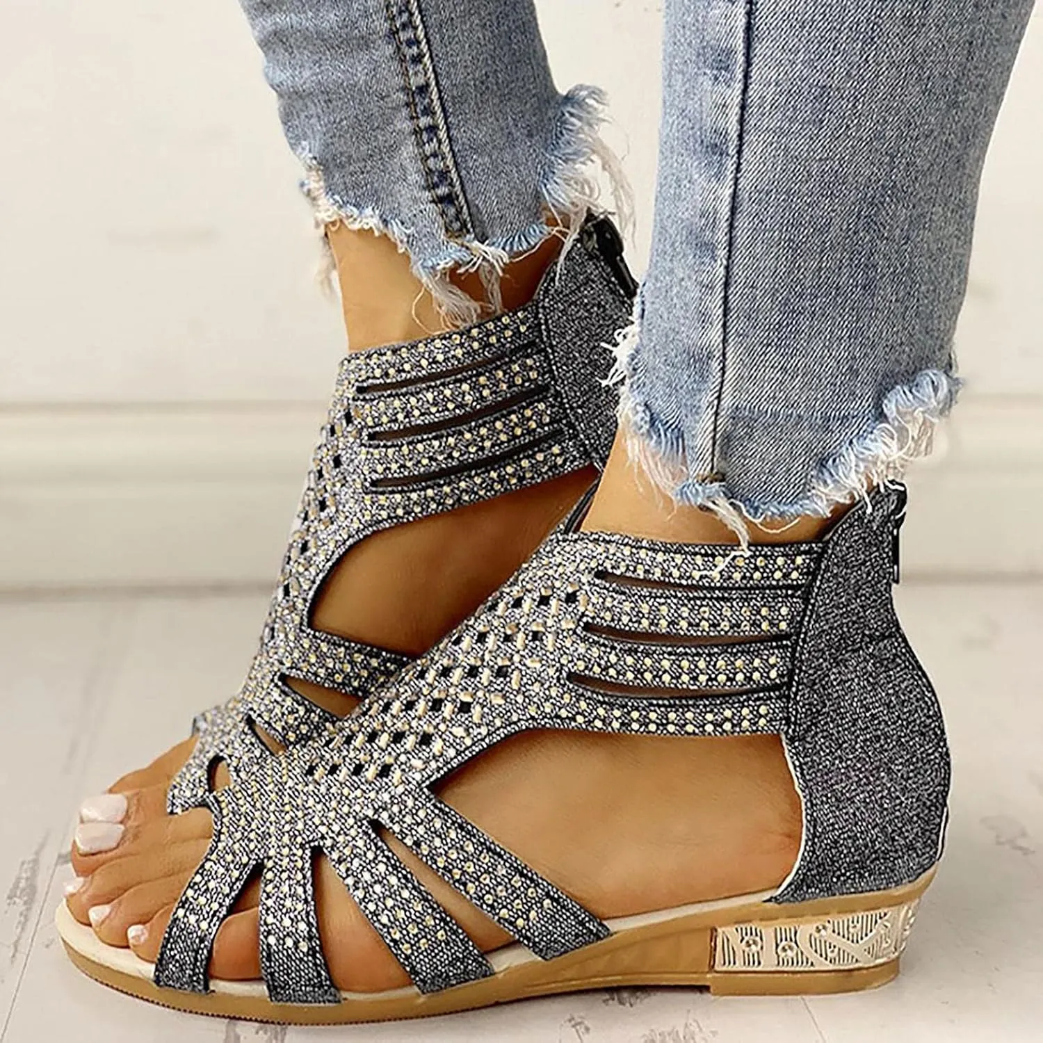Hbeylia Flat Sandals for Women,Rhinestones Hollow Out Peep Toe Cross Strap Sandals for Womens Glitter Zipper Roman Gladiator Sandals Shoes Summer Casual Daily Sandals