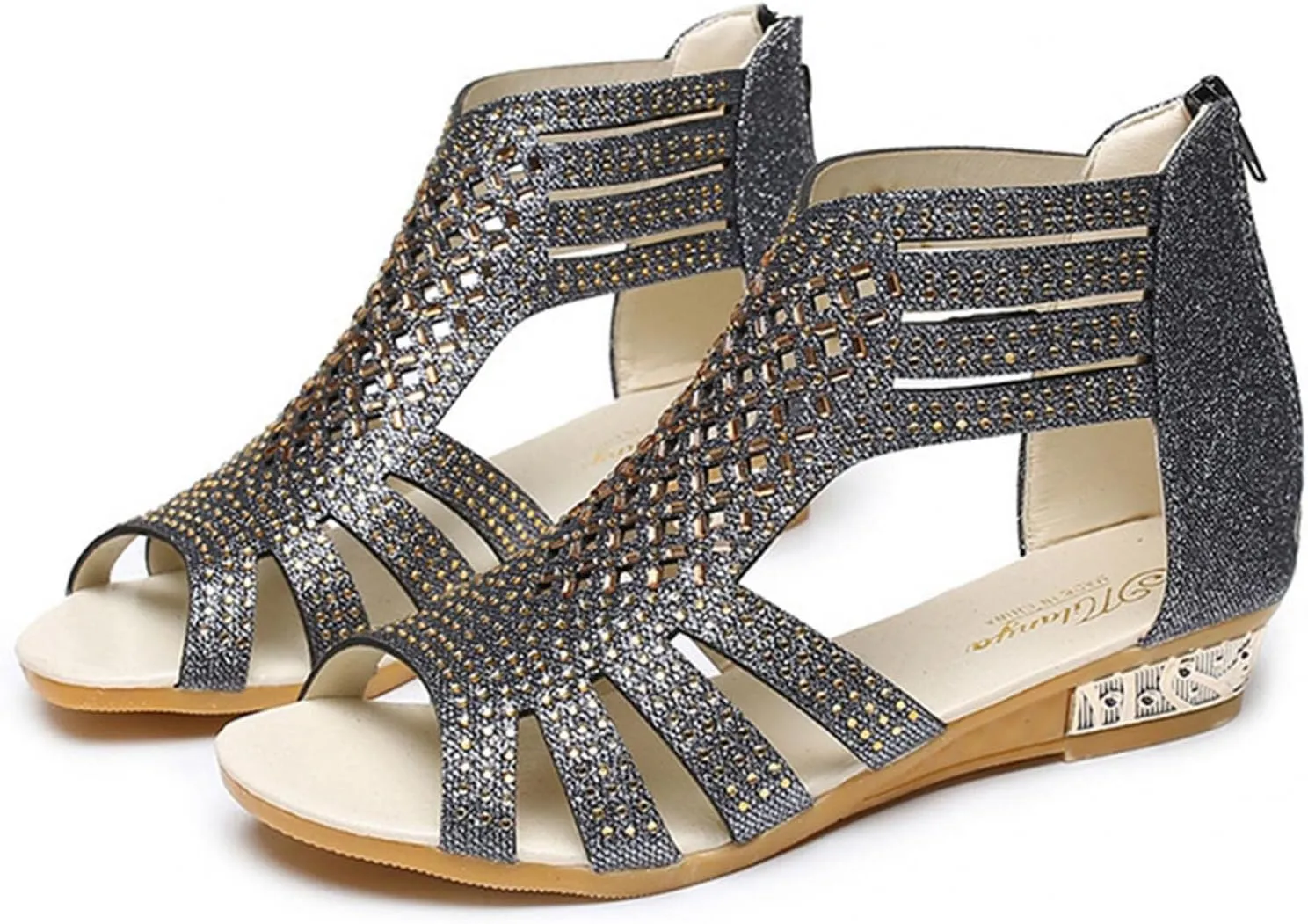 Hbeylia Flat Sandals for Women,Rhinestones Hollow Out Peep Toe Cross Strap Sandals for Womens Glitter Zipper Roman Gladiator Sandals Shoes Summer Casual Daily Sandals