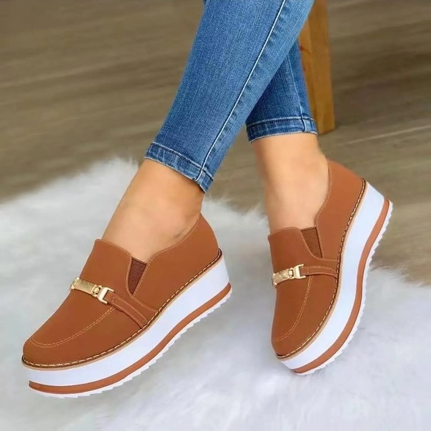 Hbeylia Platform Wedge Loafers for Women Fashion Round Toe Chunky Bottom High Heels Walking Play Sneakers Slip On Breathable Walking Muffin Shoes for Outdoor Travel