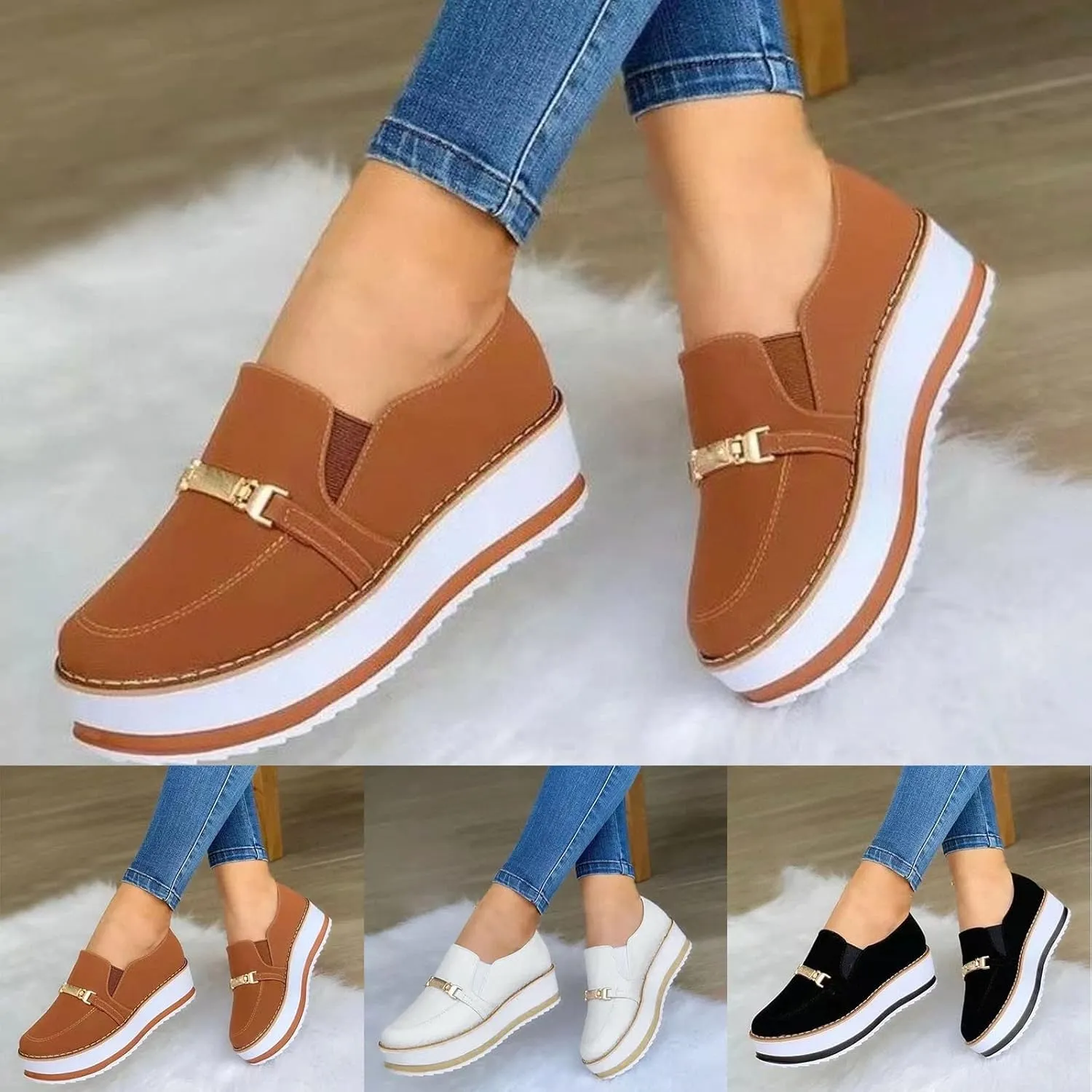 Hbeylia Platform Wedge Loafers for Women Fashion Round Toe Chunky Bottom High Heels Walking Play Sneakers Slip On Breathable Walking Muffin Shoes for Outdoor Travel