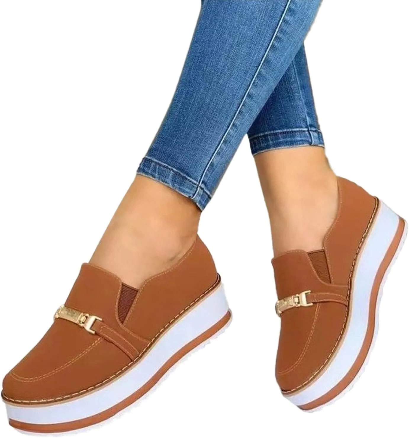 Hbeylia Platform Wedge Loafers for Women Fashion Round Toe Chunky Bottom High Heels Walking Play Sneakers Slip On Breathable Walking Muffin Shoes for Outdoor Travel