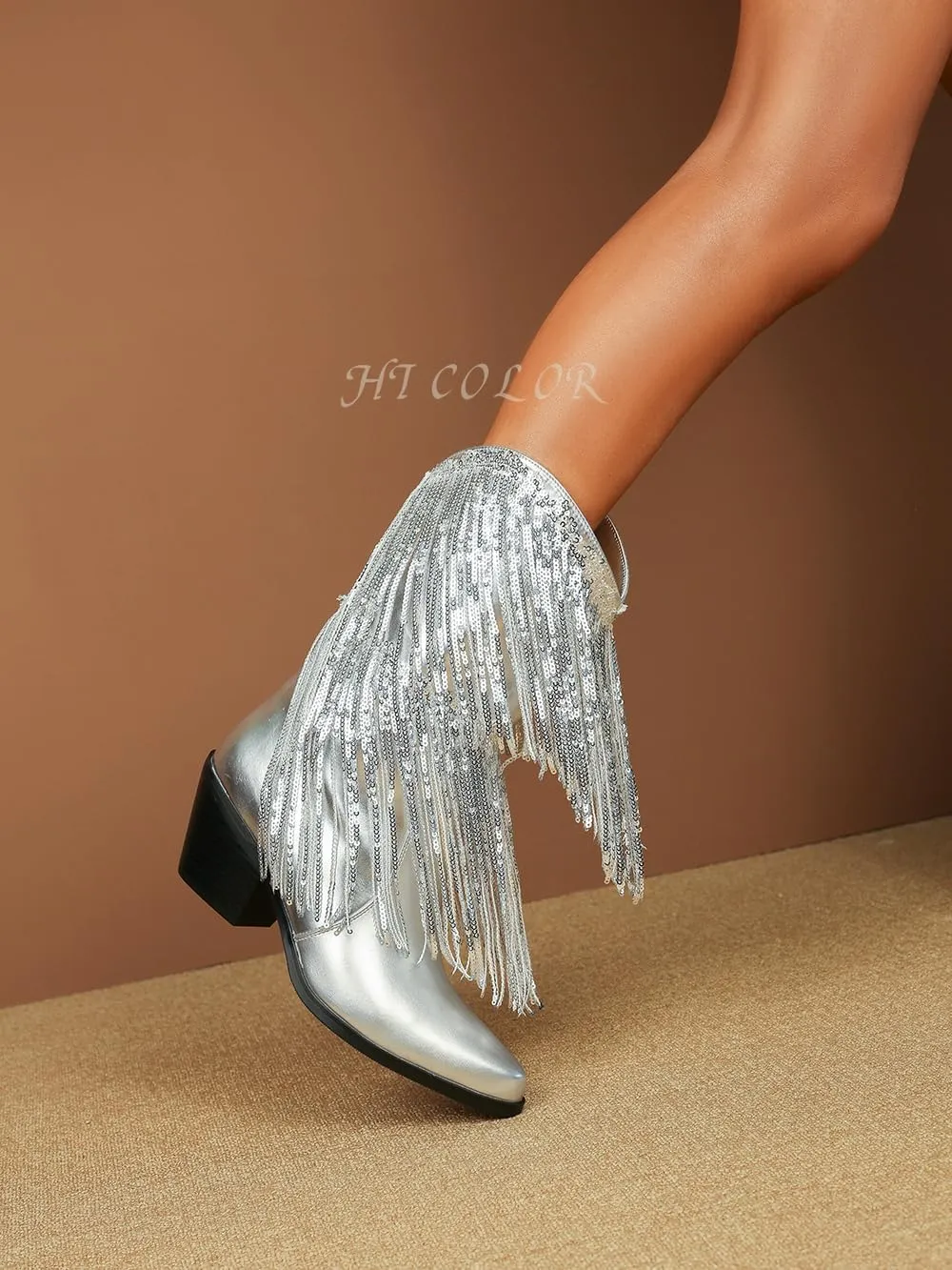 HiColor women's leather-like thick-heeled western pointed booties Black tassels & sequins decorated fashionable boots