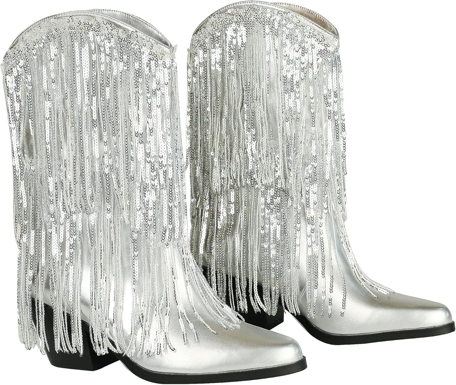 HiColor women's leather-like thick-heeled western pointed booties Black tassels & sequins decorated fashionable boots
