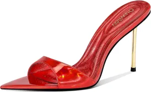 High Heel Mules for Women Pointed Toe Slip On Design with 3.7 Inch Metal Stiletto Heel and Soft Padded Insole in Iridescent Gold for Parties or Date Night