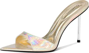 High Heel Mules for Women Pointed Toe Slip On Design with 3.7 Inch Metal Stiletto Heel and Soft Padded Insole in Iridescent Gold for Parties or Date Night