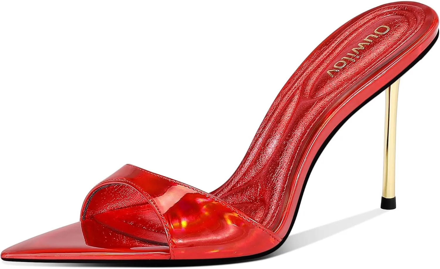 High Heel Mules for Women Pointed Toe Slip On Design with 3.7 Inch Metal Stiletto Heel and Soft Padded Insole in Iridescent Gold for Parties or Date Night