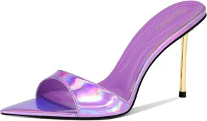 High Heel Mules for Women Pointed Toe Slip On Design with 3.7 Inch Metal Stiletto Heel and Soft Padded Insole in Iridescent Gold for Parties or Date Night