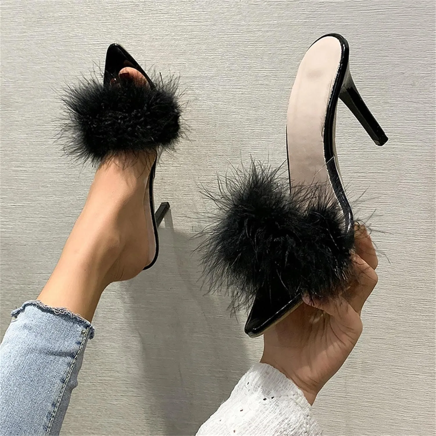 High Heels for Women Round Toe Heels Sandal Feather Sexy Slippers Heeled Slippers Stiletto Heels Bridal Shoes