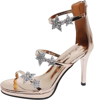 High Heels for Women Sexy Crystal Stilettos Star Decoration Open Toe Sandals High Heels Ankle Strap Buckle Heels