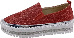 HINDOLA Women's Sparkly Fashion Sneakers Rhinestone Slip on Flatform Loafers Low Top Bling Casual Walking Shoes