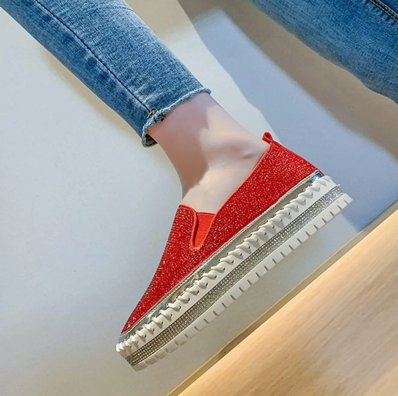 HINDOLA Women's Sparkly Fashion Sneakers Rhinestone Slip on Flatform Loafers Low Top Bling Casual Walking Shoes