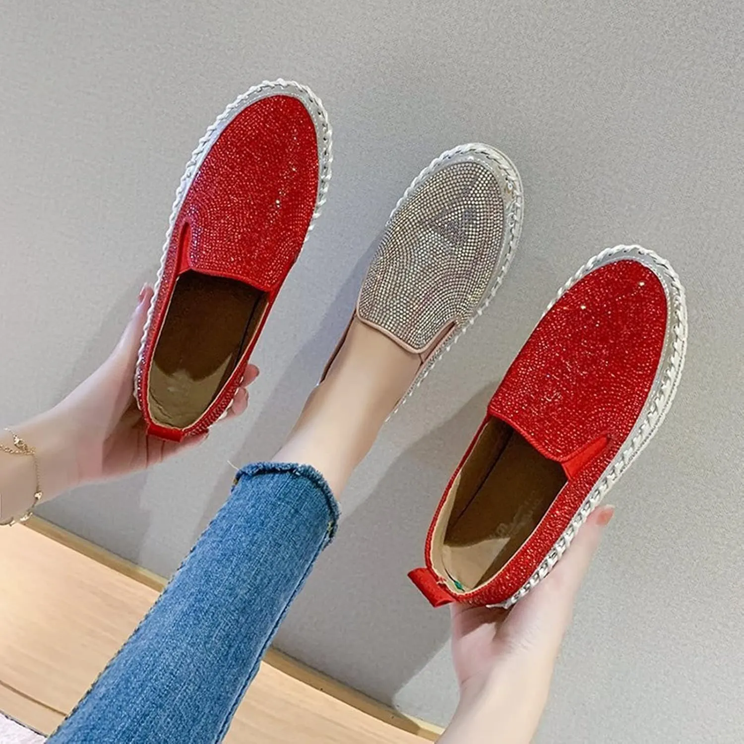 HINDOLA Women's Sparkly Fashion Sneakers Rhinestone Slip on Flatform Loafers Low Top Bling Casual Walking Shoes