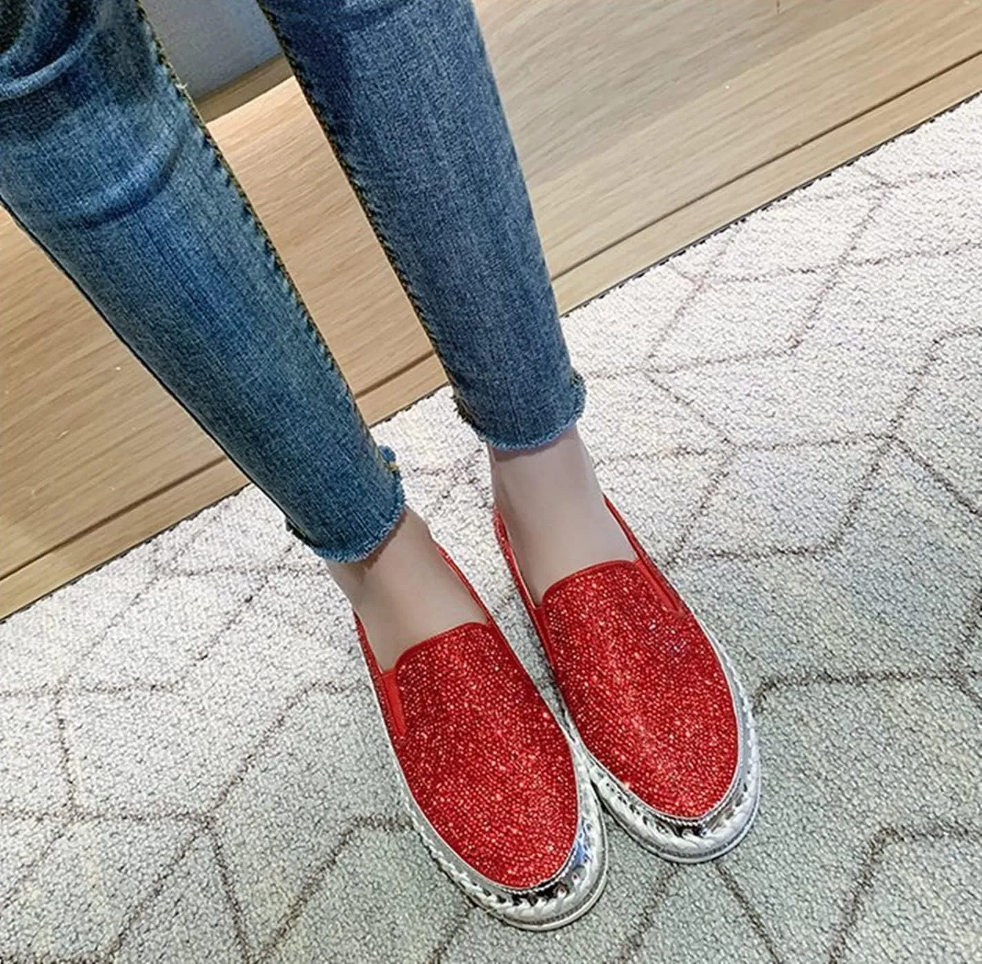 HINDOLA Women's Sparkly Fashion Sneakers Rhinestone Slip on Flatform Loafers Low Top Bling Casual Walking Shoes