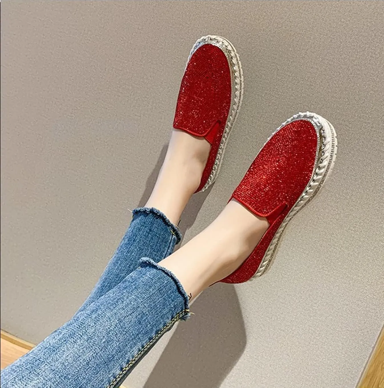 HINDOLA Women's Sparkly Fashion Sneakers Rhinestone Slip on Flatform Loafers Low Top Bling Casual Walking Shoes
