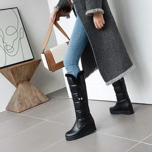 HINDOLA Women's Winter Warm Knee High Down Snow Boots Fur Lined Waterproof Cross-Tied Hidden Wedges Platform Boots