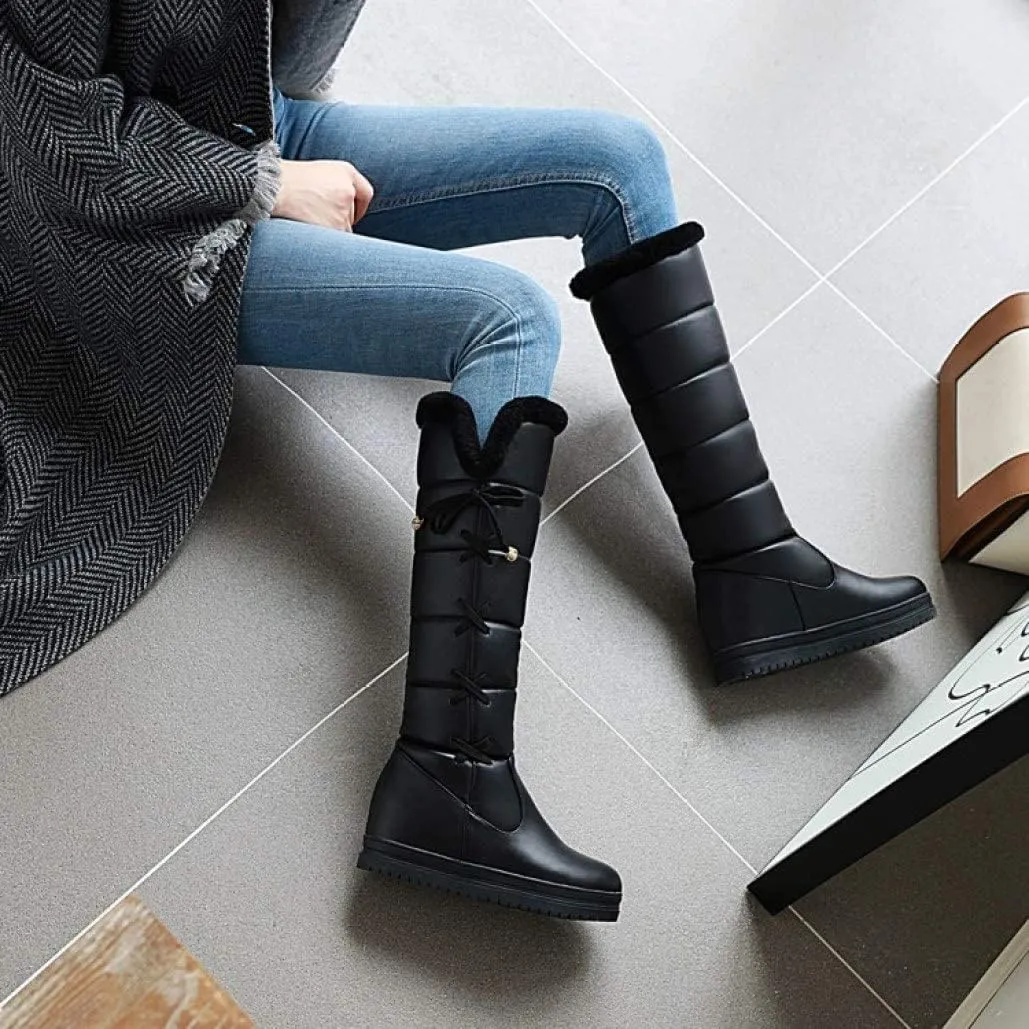 HINDOLA Women's Winter Warm Knee High Down Snow Boots Fur Lined Waterproof Cross-Tied Hidden Wedges Platform Boots