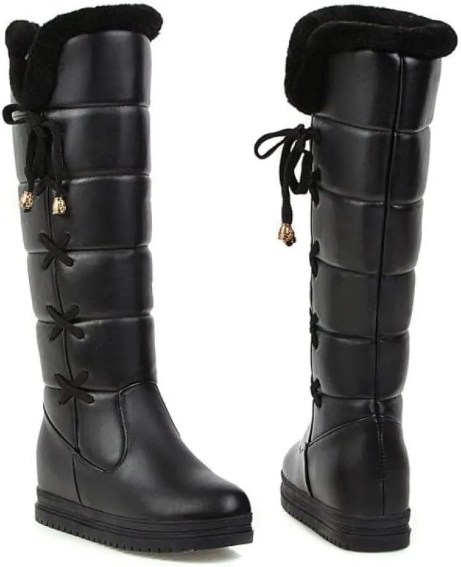 HINDOLA Women's Winter Warm Knee High Down Snow Boots Fur Lined Waterproof Cross-Tied Hidden Wedges Platform Boots