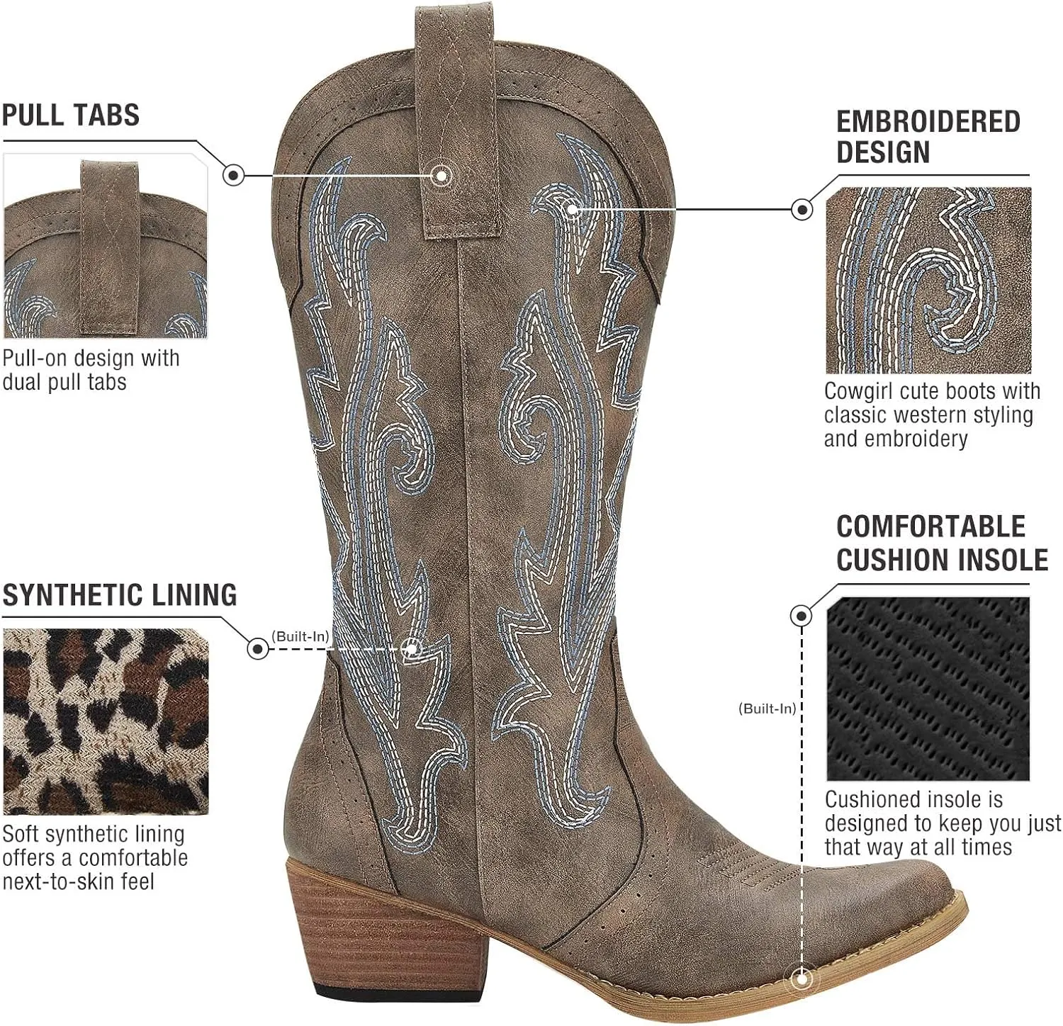 HISEA Rollda Cowboy Boots Women Western Boots Cowgirl Boots Ladies Pointy Toe Fashion Boots