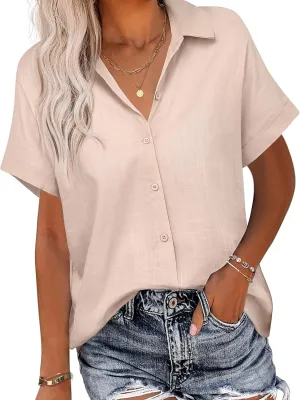 HOTOUCH Linen Button Down Shirt Women Short Sleeve Cotton Blouses V Neck Collared Summer Beach Tops S-2XL