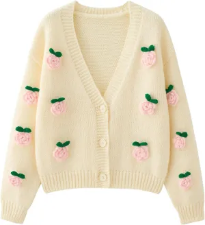HOULENGS Women's Strawberry Print Button Down Long Sleeve V Neck Crop Cardigan Sweater