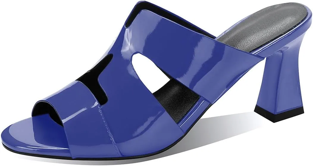 iadore Women Fashion Low Chunky Heel Shoes Chic Round Toe Patent Leather Mules Shoes Chic Slip-on Dress Sandals Size 5-12 US