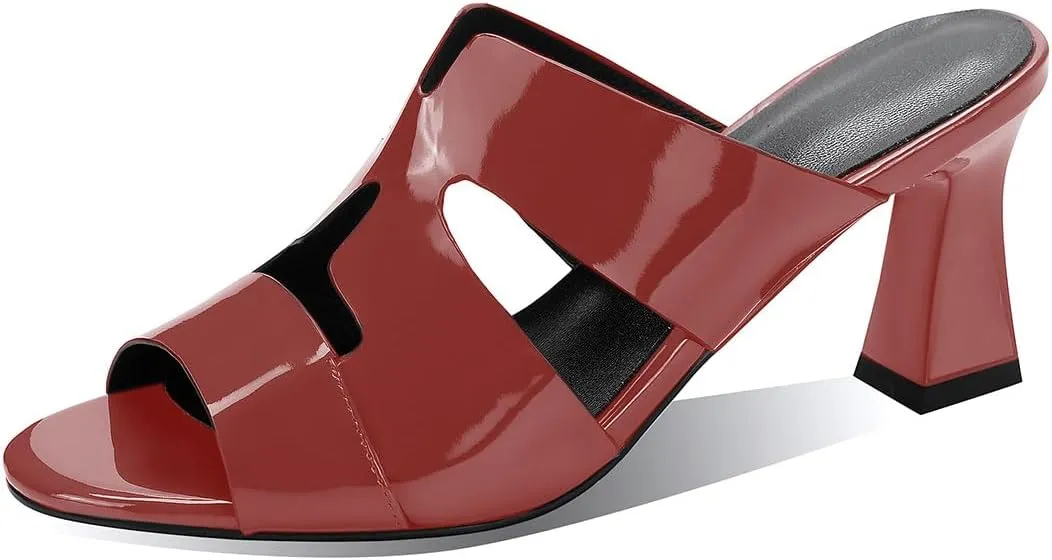 iadore Women Fashion Low Chunky Heel Shoes Chic Round Toe Patent Leather Mules Shoes Chic Slip-on Dress Sandals Size 5-12 US