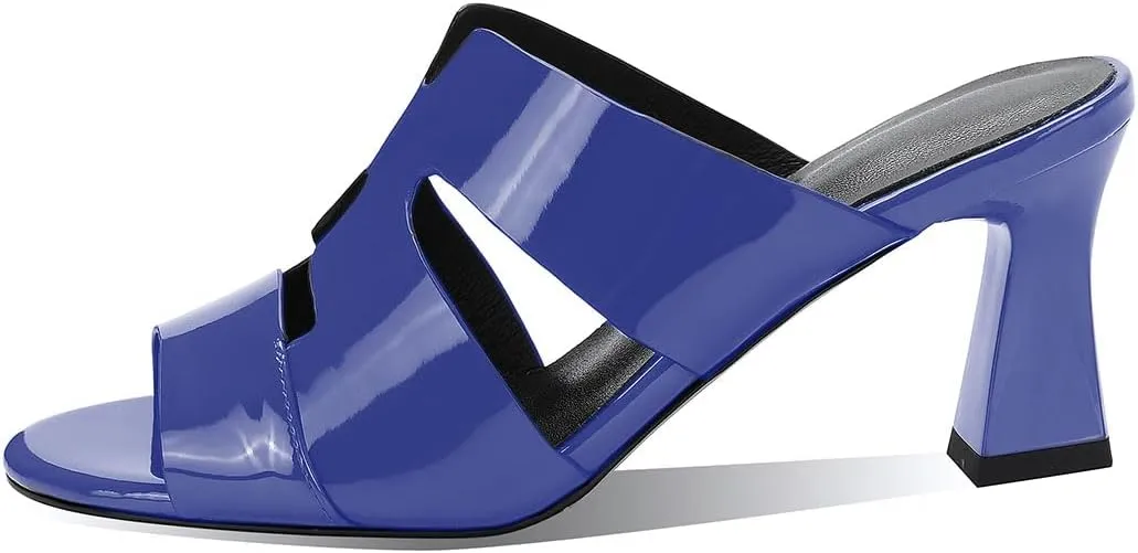 iadore Women Fashion Low Chunky Heel Shoes Chic Round Toe Patent Leather Mules Shoes Chic Slip-on Dress Sandals Size 5-12 US