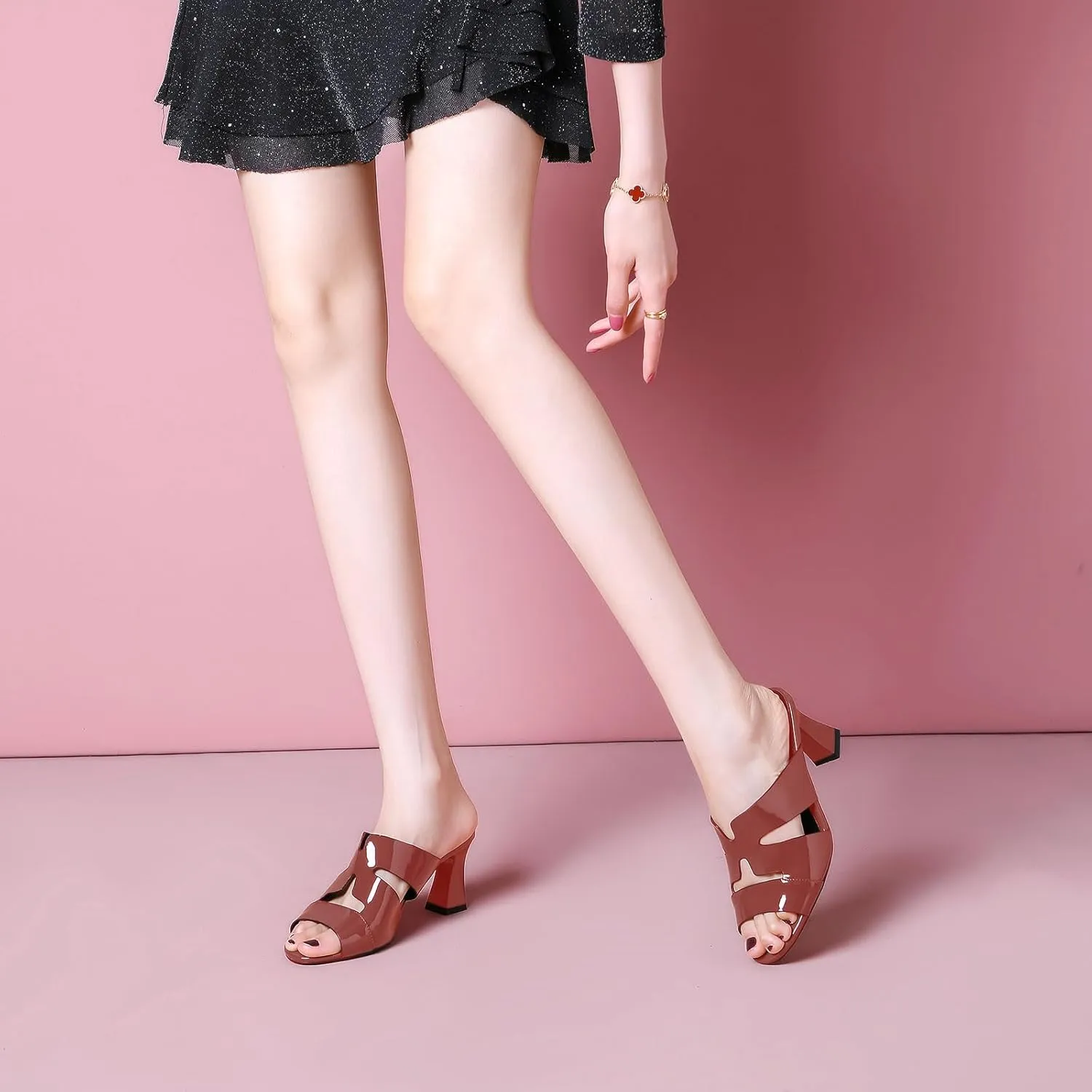 iadore Women Fashion Low Chunky Heel Shoes Chic Round Toe Patent Leather Mules Shoes Chic Slip-on Dress Sandals Size 5-12 US