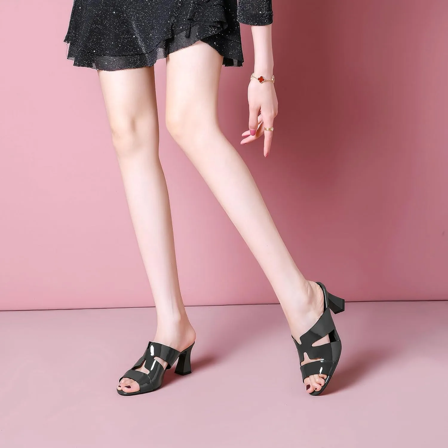 iadore Women Fashion Low Chunky Heel Shoes Chic Round Toe Patent Leather Mules Shoes Chic Slip-on Dress Sandals Size 5-12 US