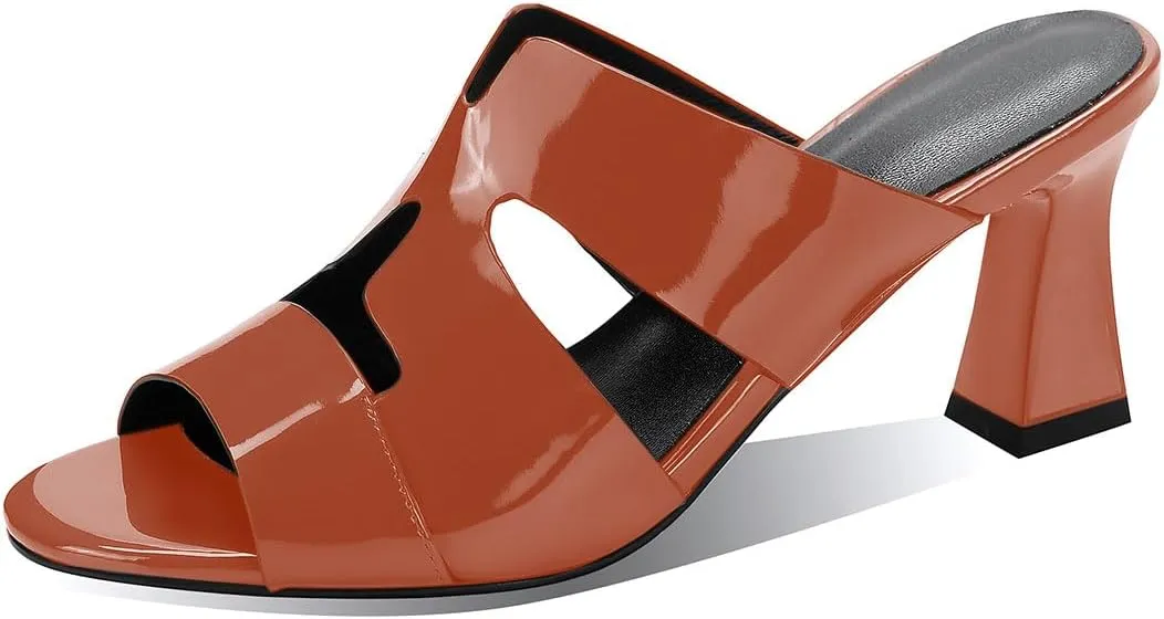 iadore Women Fashion Low Chunky Heel Shoes Chic Round Toe Patent Leather Mules Shoes Chic Slip-on Dress Sandals Size 5-12 US