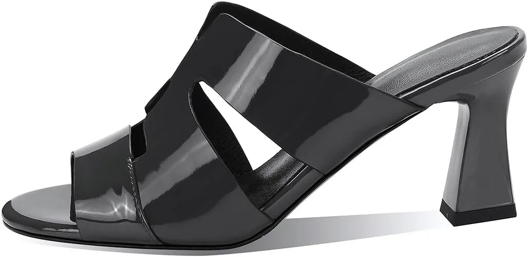 iadore Women Fashion Low Chunky Heel Shoes Chic Round Toe Patent Leather Mules Shoes Chic Slip-on Dress Sandals Size 5-12 US