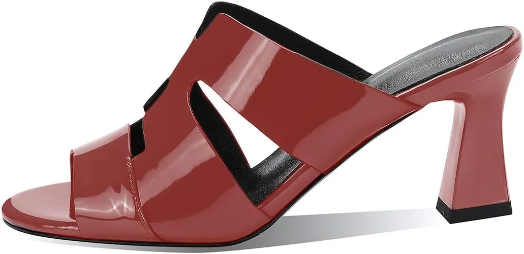 iadore Women Fashion Low Chunky Heel Shoes Chic Round Toe Patent Leather Mules Shoes Chic Slip-on Dress Sandals Size 5-12 US