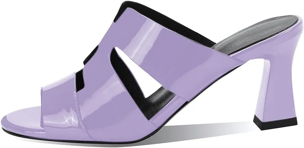 iadore Women Fashion Low Chunky Heel Shoes Chic Round Toe Patent Leather Mules Shoes Chic Slip-on Dress Sandals Size 5-12 US